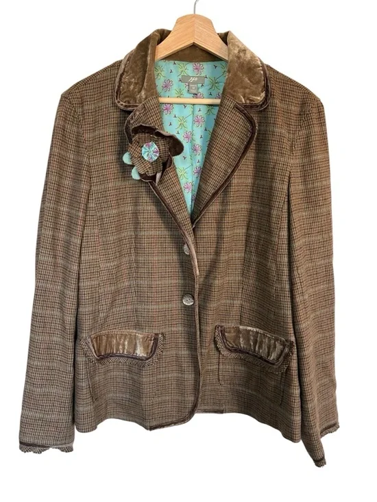 J Jill Blazer Jacket 12 Houndstooth Wool Blend Velvet Trim Boho Flower Child Y2K - Picture 2 of 15
